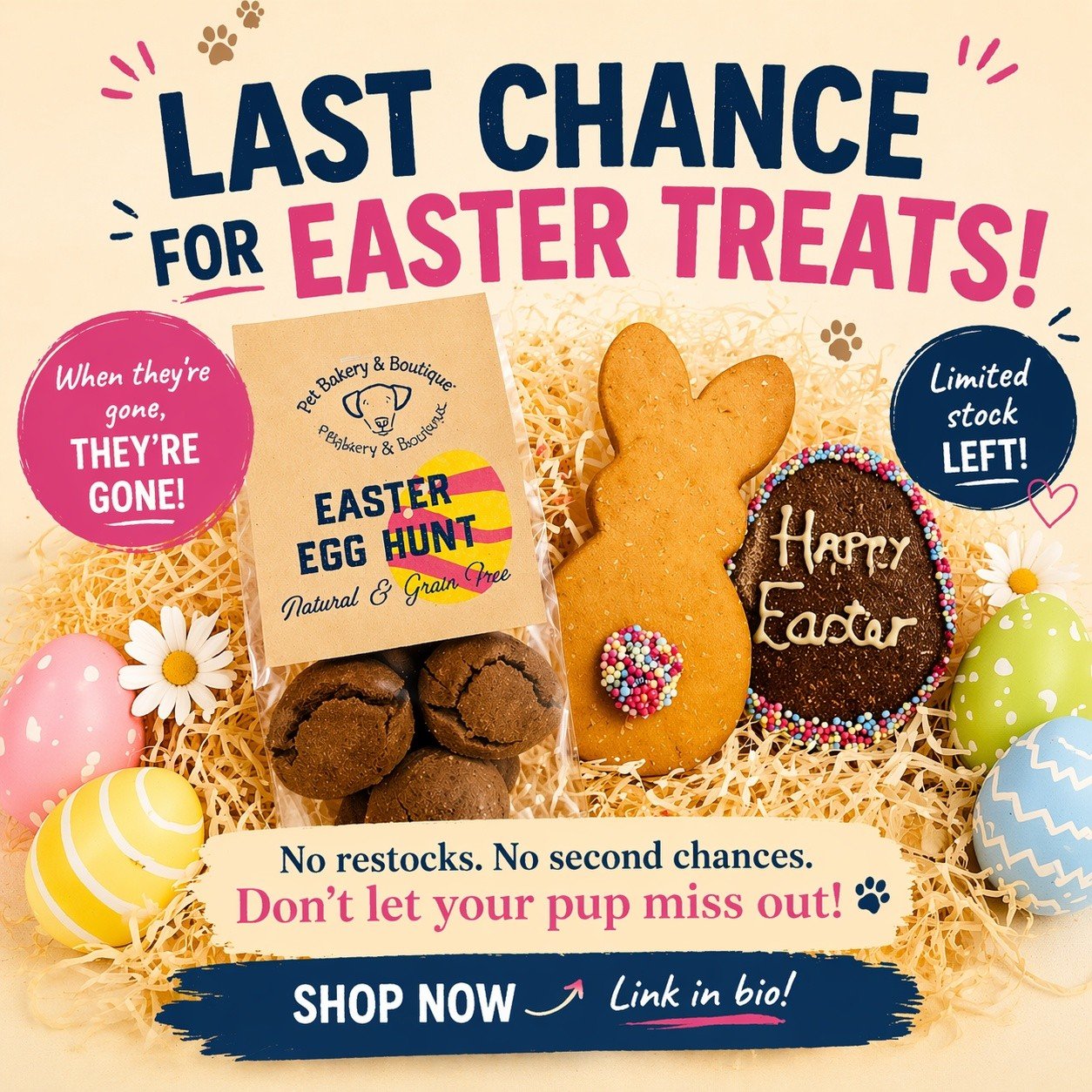 🐣 LAST CHANCE FOR EASTER TREATS 🐶💛
That&rsquo;s it&hellip; we&rsquo;re down to the final few of our Easter goodies, discounted and when they&rsquo;re gone, they&rsquo;re GONE 👀
From our Easter Egg Hunt treats to these adorable bunny biscuits&hell