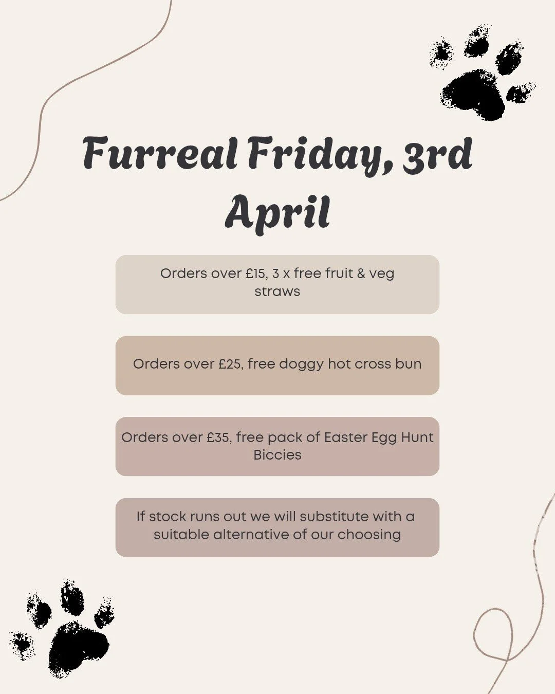 🐾 FURREAL FRIDAY IS HERE 🐾
It&rsquo;s that time again&hellip; and this week&rsquo;s Furreal Friday is packed with tasty little extras your pup will LOVE 🤎
✨ Here&rsquo;s what&rsquo;s up for grabs:
🐶 Spend &pound;15+ &rarr; get 3 FREE fruit &amp; 