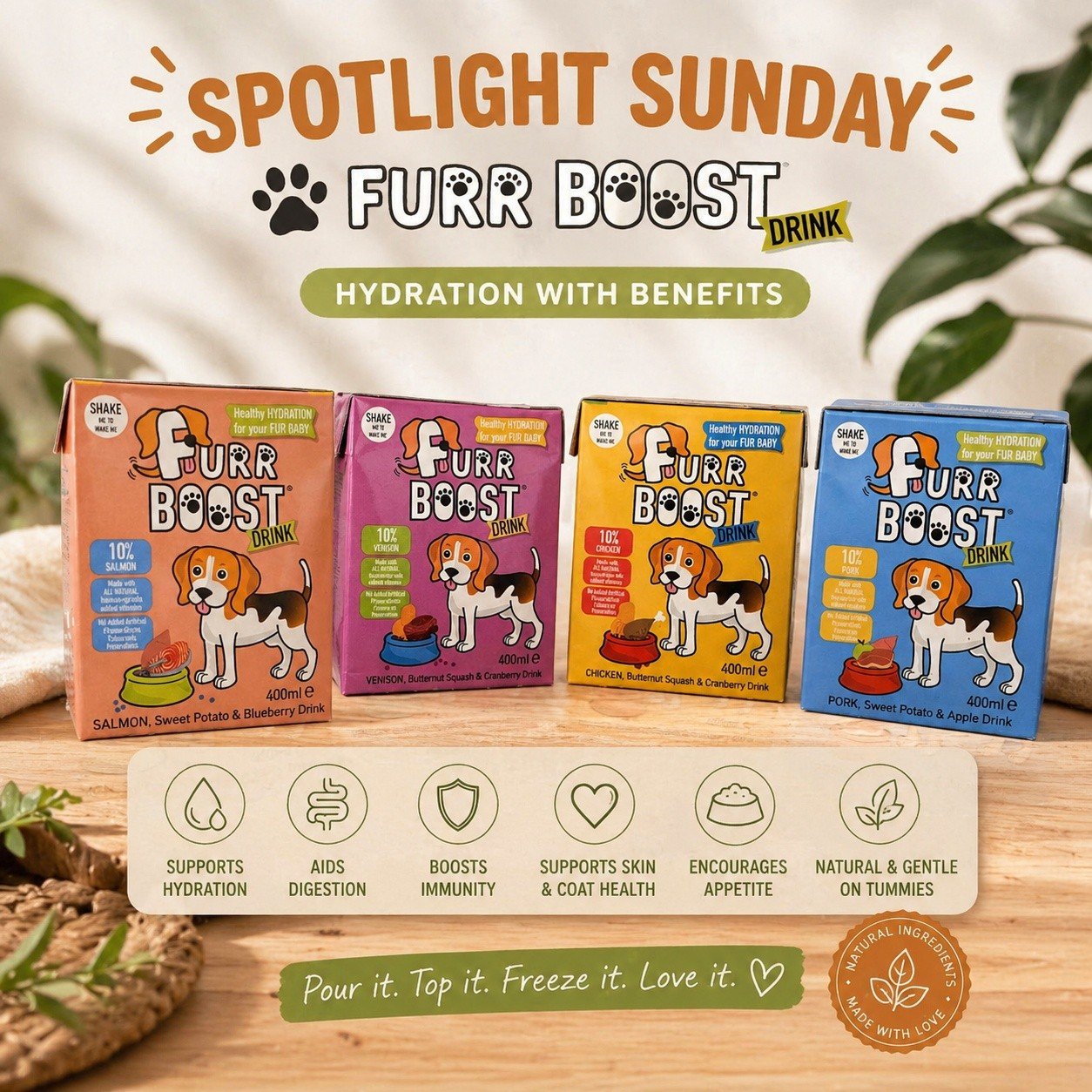 🌟 SPOTLIGHT SUNDAY SALE: Furr Boost 💧🐾

Hydration&hellip; but make it ✨delicious✨

If your dog is a &ldquo;water? meh.&rdquo; kinda pup, this is your game changer 👇

Furr Boost is a functional hydration drink packed with over 75% moisture, helpin