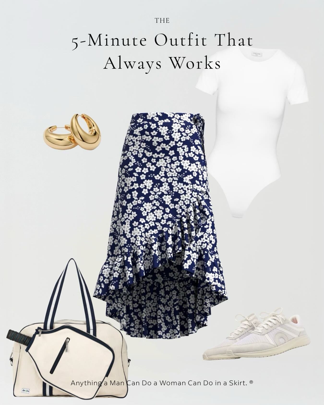 The 5-minute outfit that always works.

A crisp white tee. Gold hoops. Sneakers. Our Forget-Me-Not wrap skirt. Done.

Effortless enough for a morning walk, polished enough for wherever the day takes you. Designed and made in Boston for women who do i