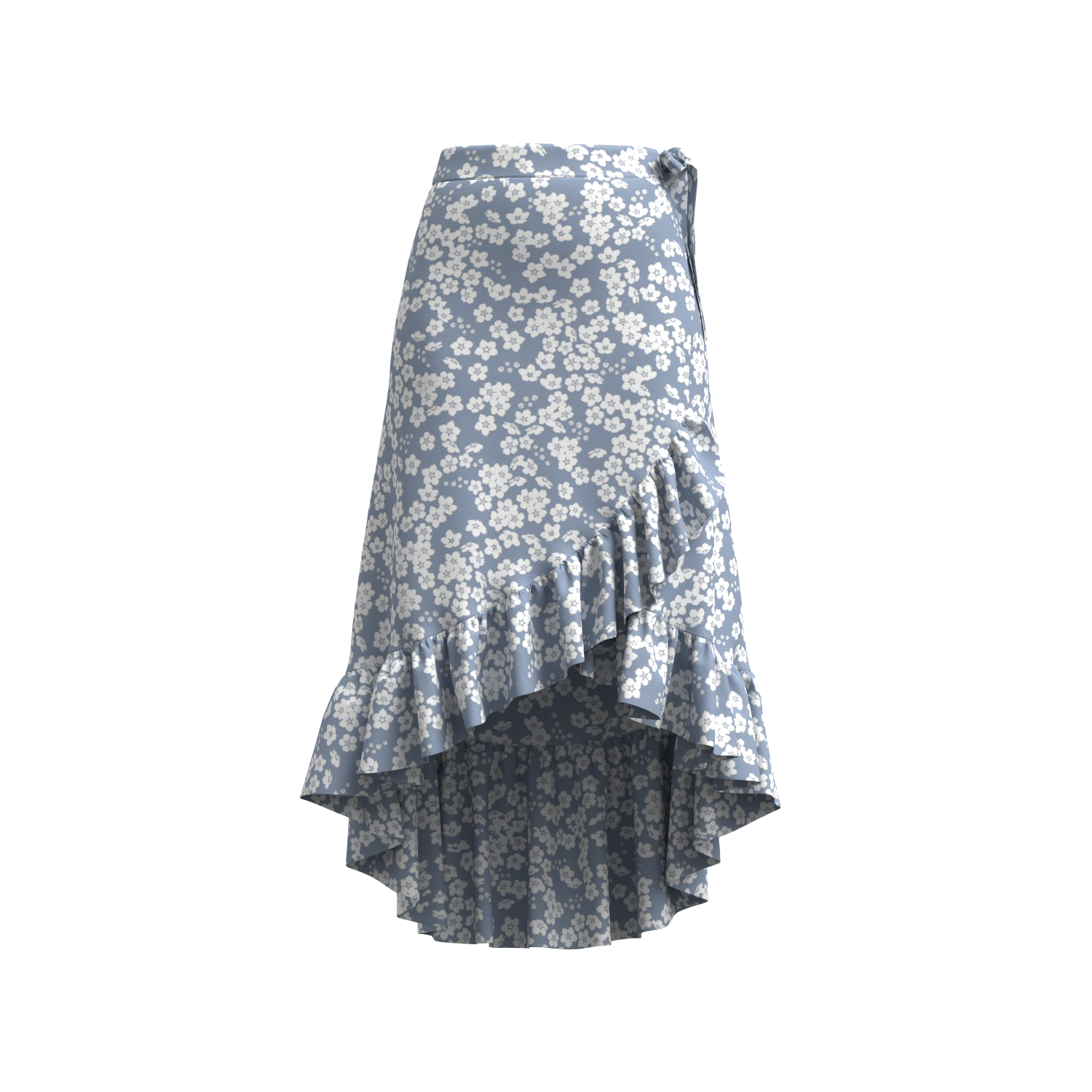 Blue and white floral ruffled asymmetrical midi skirt.