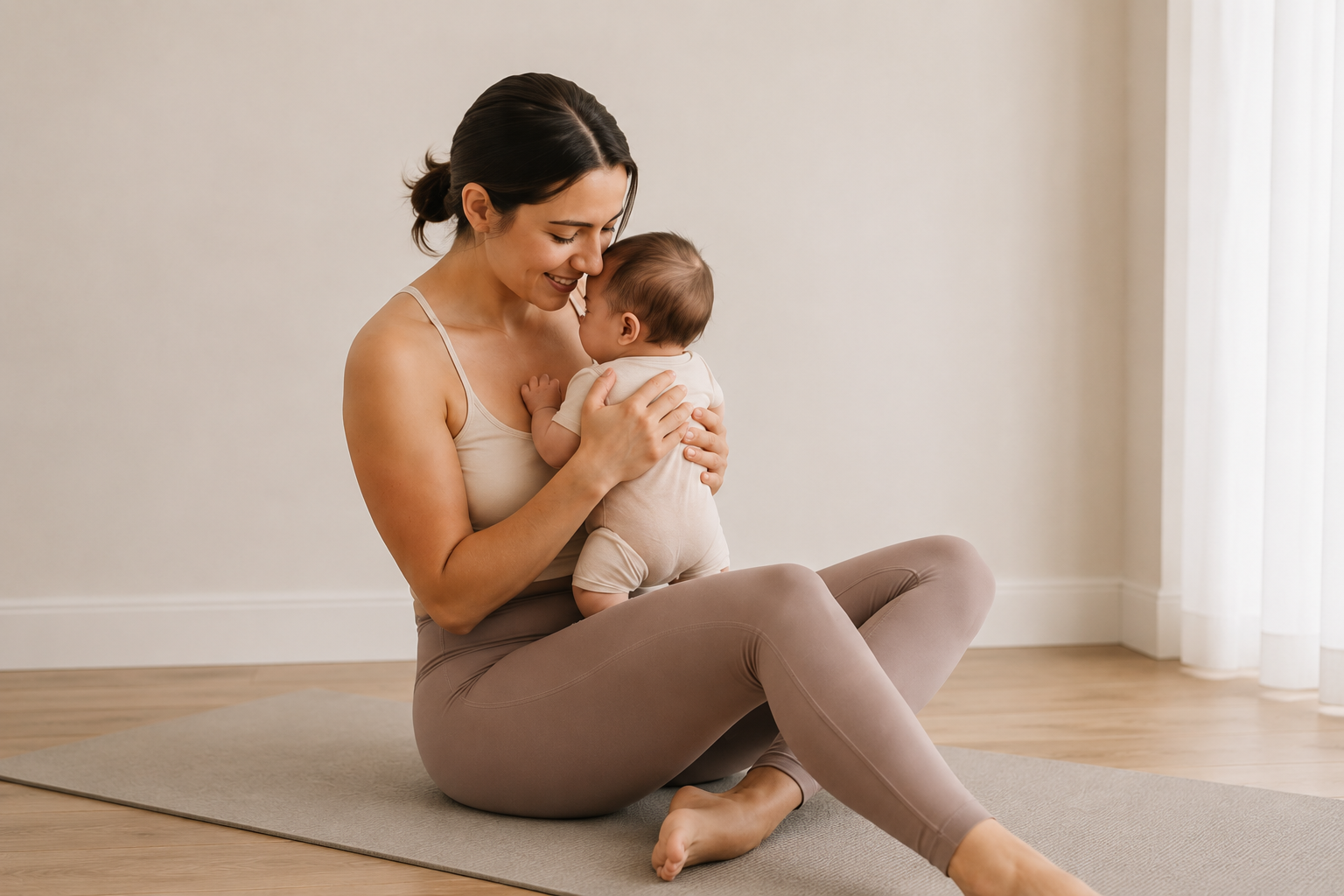 A woman sitting on a yoga mat, holding and cuddling a baby