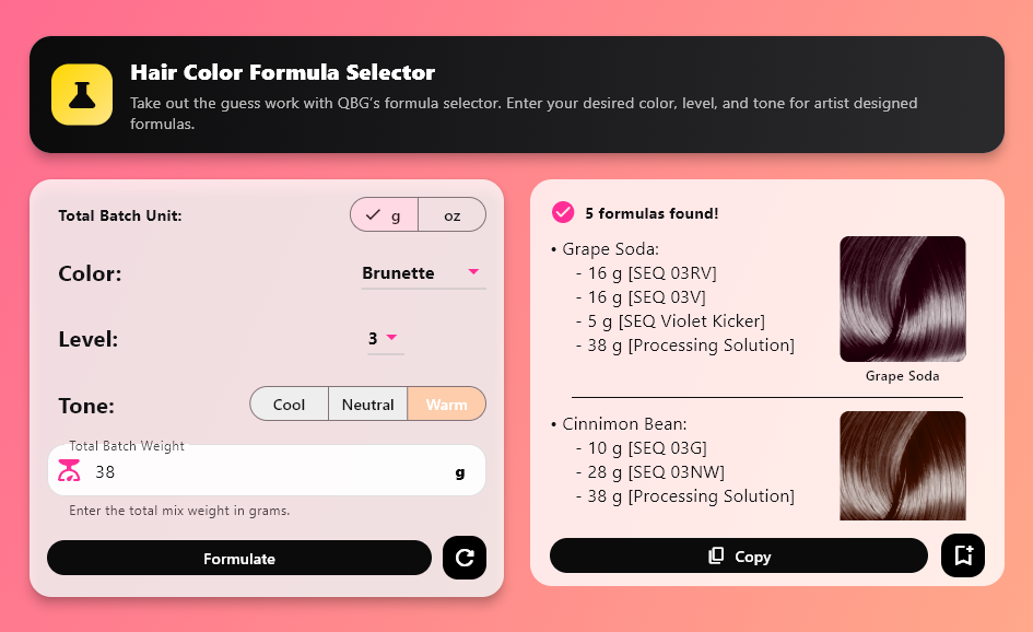 Screenshot of a hair color formula selector app displaying options for brunette hair at level 3 with warm tone. It shows total batch weight of 38 grams, two formulas for grape soda and cinnamon bean, and notes for ingredients with measurements.