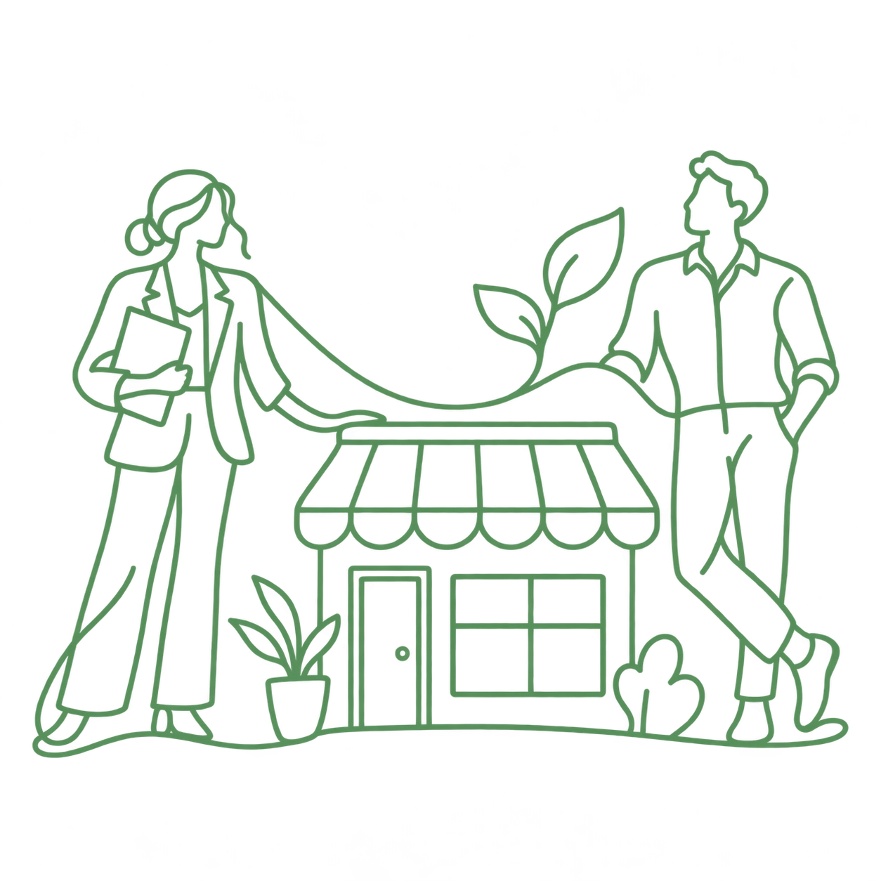 A neon green outline of two people shaking hands in front of a small storefront with an awning, a window, a door, and small plants.