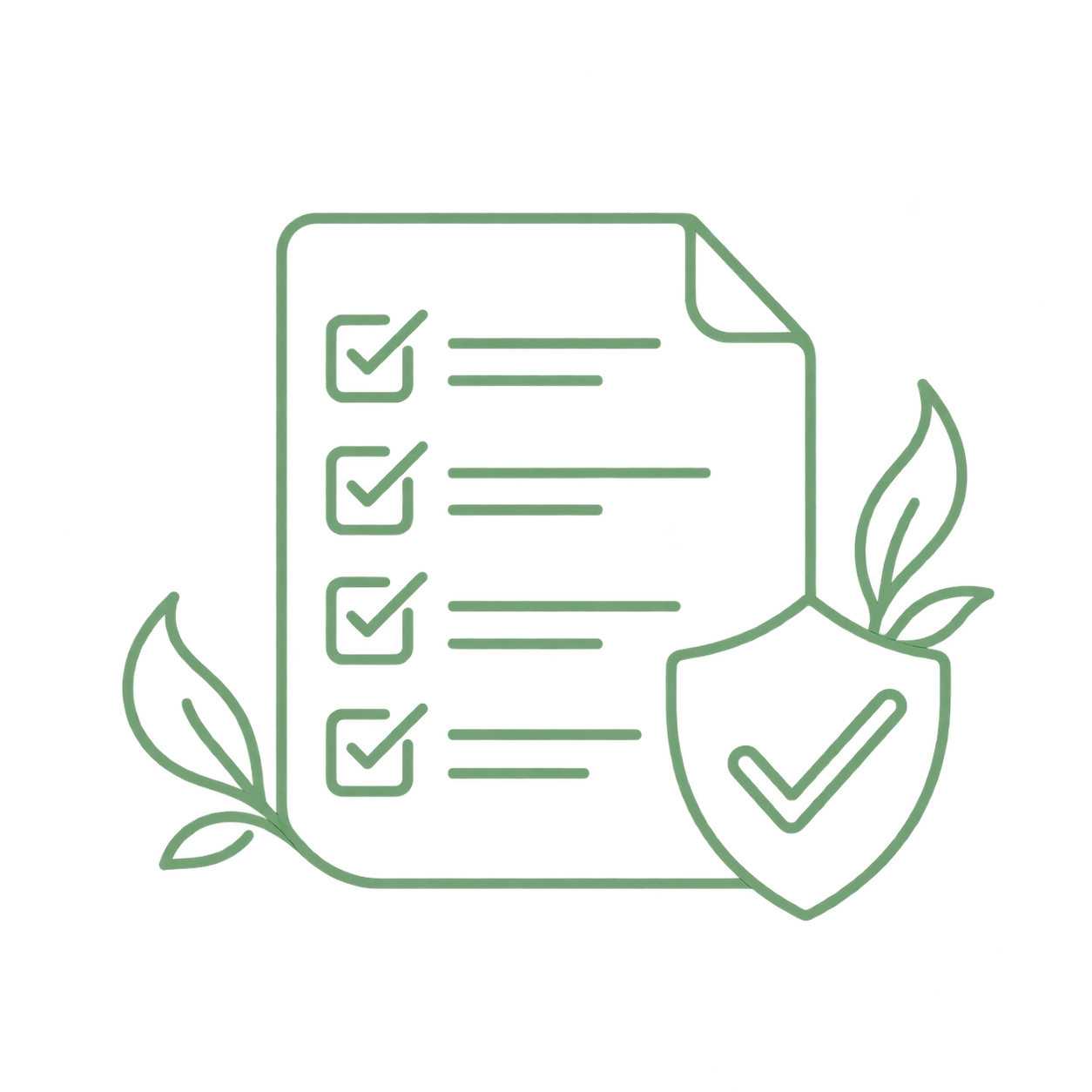 Outline of a document with checkmarks in checkboxes, surrounded by leaves and a shield with a checkmark, representing eco-friendly or sustainability compliance.