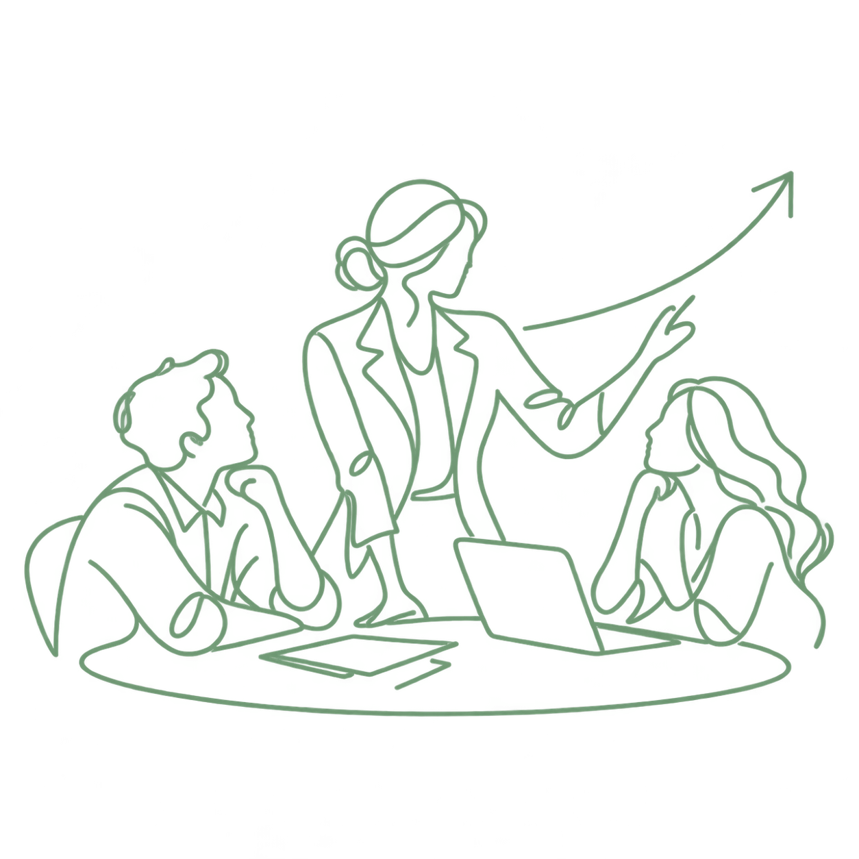 Line drawing of a woman sitting at a desk with a laptop, showing three people, including the woman, discussing and pointing at the laptop screen, with an upward trending arrow in the background.