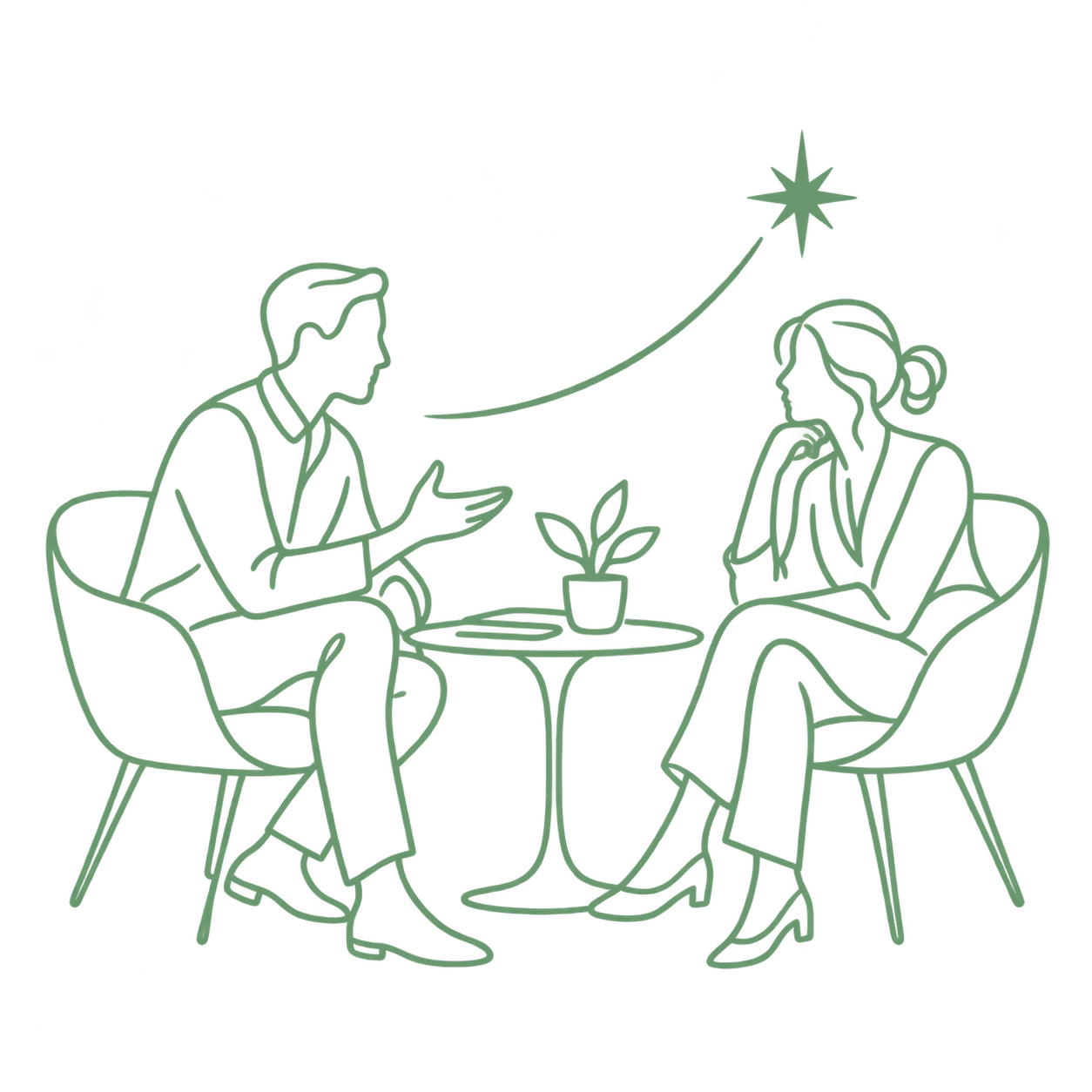 Neon outline of two people sitting at a small table with a potted plant, having a conversation, with a shooting star in the background.