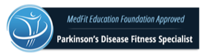 MedFit Education Foundation Approved Parkinson's Disease Fitness Specialist badge or banner with a blue logo of a stylized human figure and crescent moon, and text in shades of blue and white.