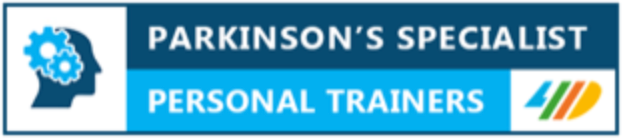 Parkinson's specialist personal trainers logo with a brain silhouette and multicolored stripes.
