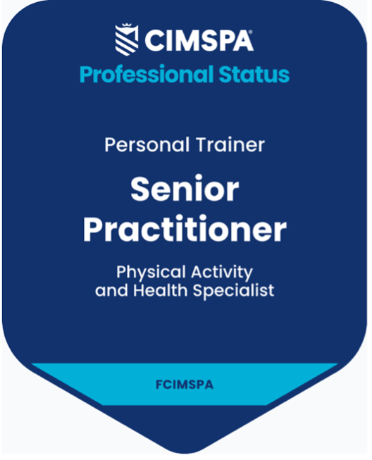CIMSPA Professional Status badge for Personal Trainer, Senior Practitioner, Physical Activity and Health Specialist, with blue background and white and blue text.
