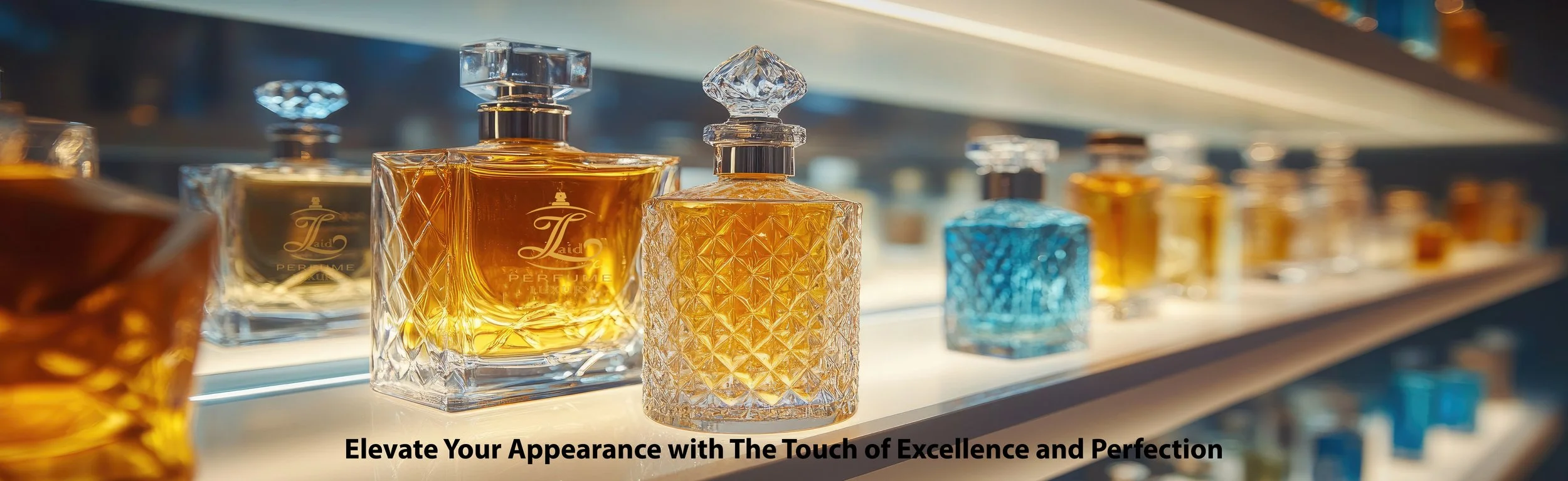 Collection of elegant perfume bottles in various shapes and colors displayed on a shelf, with a slogan that reads 'Elevate Your Appearance with The Touch of Excellence and Perfection'.