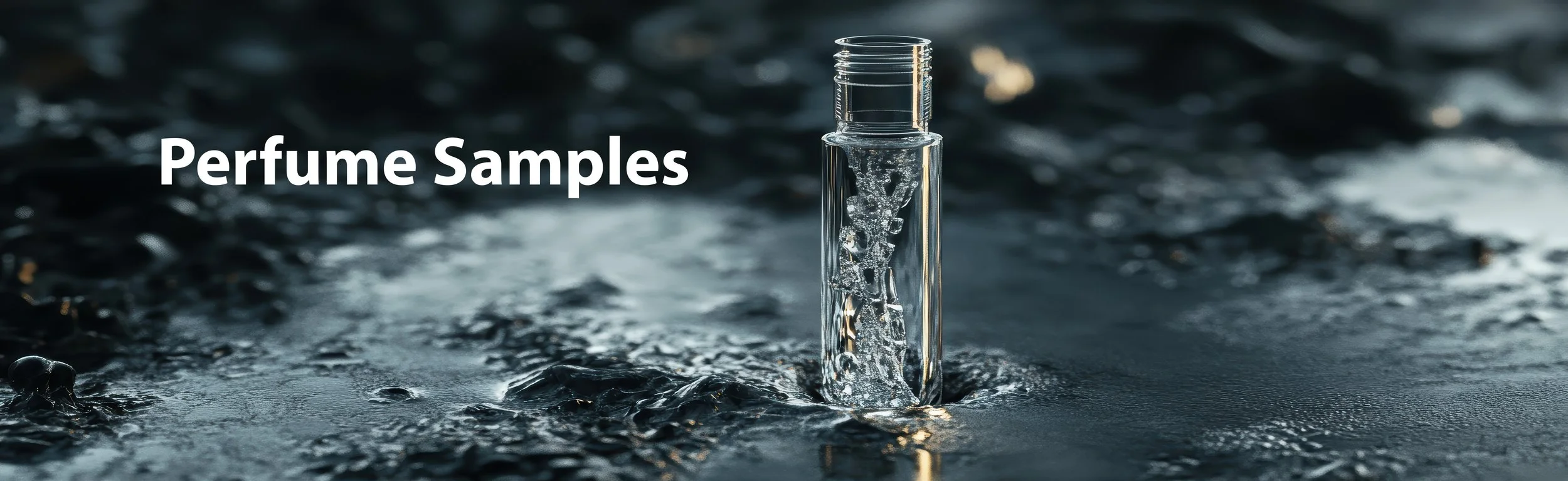 A small glass vial standing upright in a dark, textured surface with liquid inside and bubbles, with the text 'Perfume Samples' overlayed on the left.