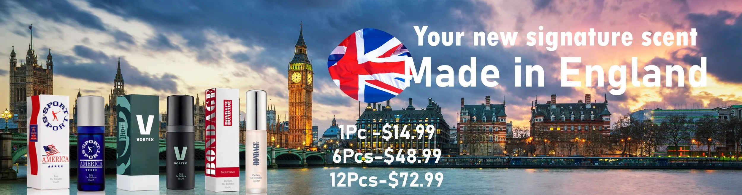 A promotional advertisement for a new signature scent made in England with a background of London landmarks including Big Ben and the Palace of Westminster at sunset. The ad features different perfume bottles and prices.