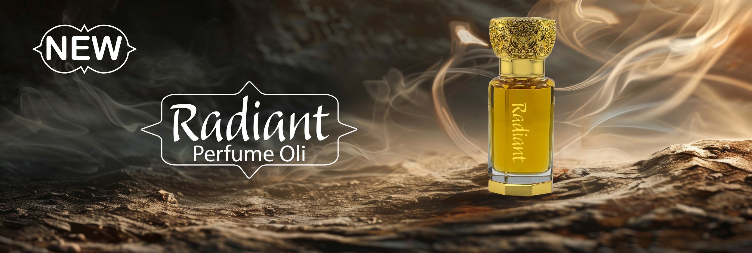 Bottle of radiant perfume oil on a textured surface with smoke and fiery effects in the background, promotional advertisement.