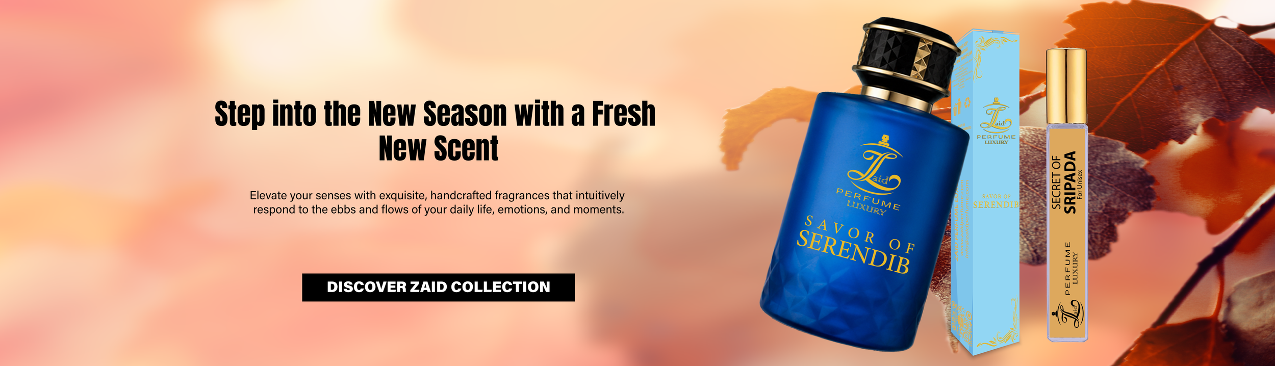 Advertisement for Zaid perfume collection featuring bottles of fragrance, with an autumnal background of leaves and warm colors.