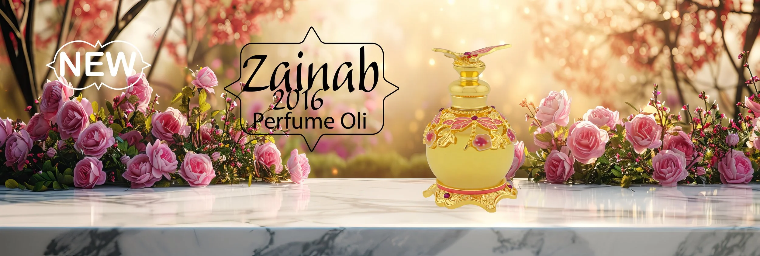 A perfume bottle with pink and gold accents placed on a white marble surface, surrounded by pink roses, with a background of soft sunlight and blurred pink cherry blossoms.