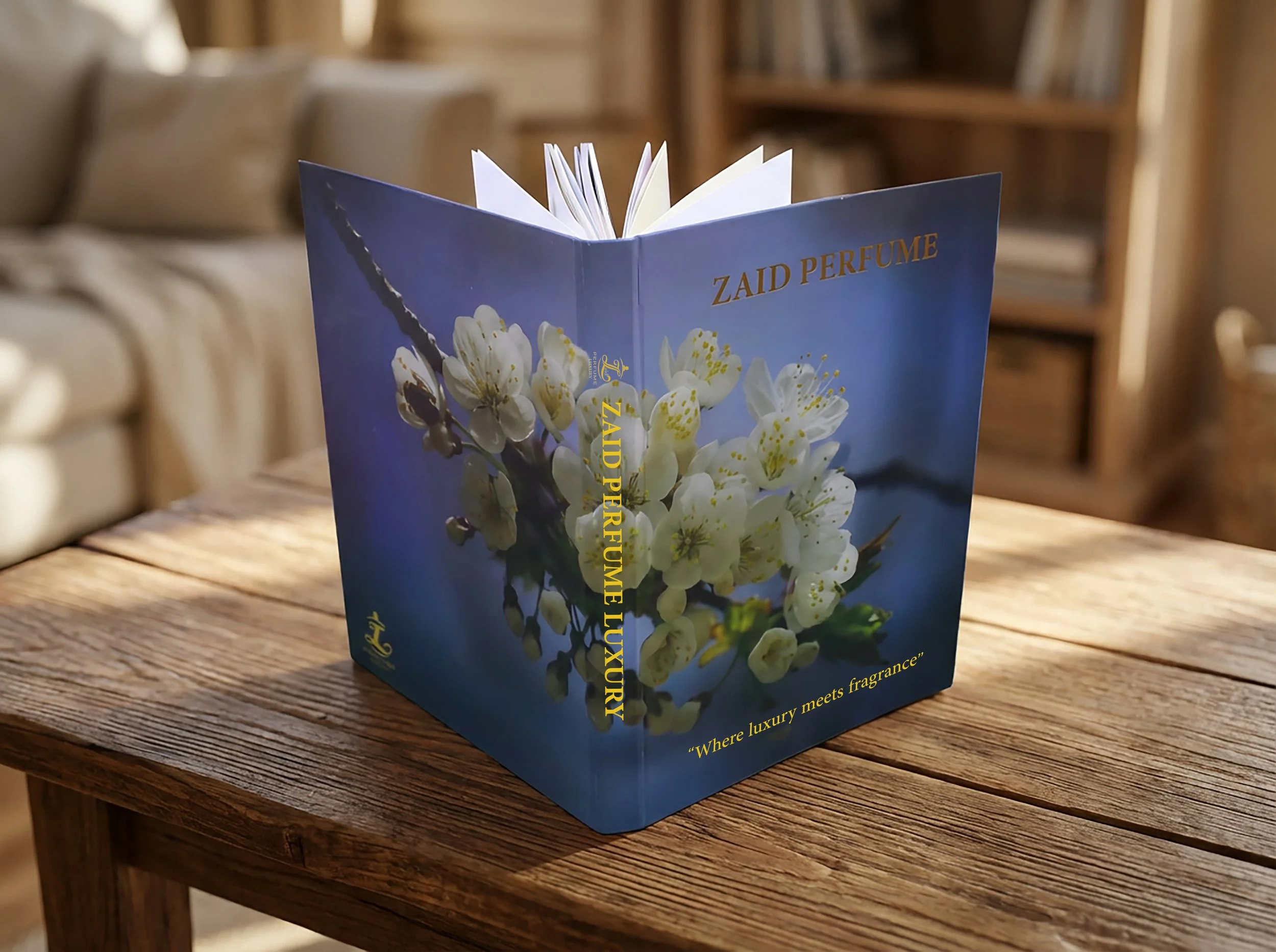 A blue booklet titled 'ZAID PERFUME' with an image of white flowers on the cover, placed on a wooden table.