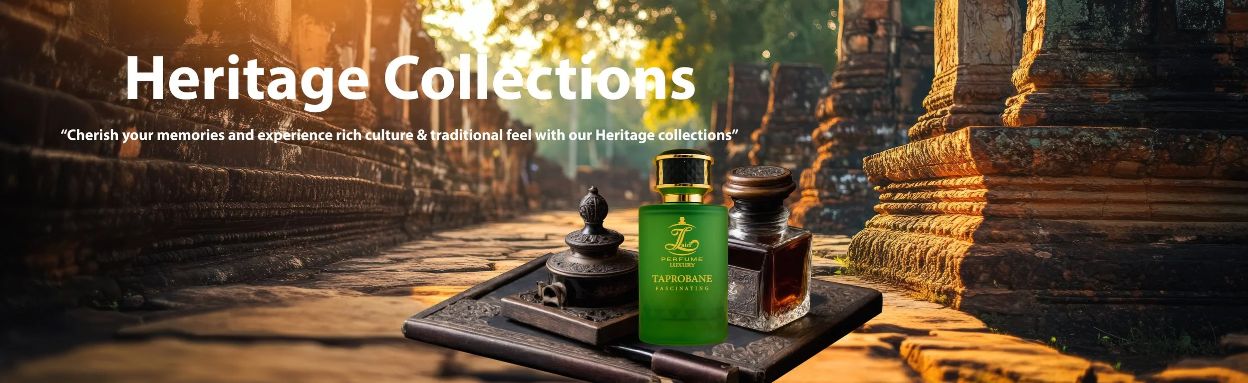 Ancient brick ruins with traditional perfume bottles on a tray and sunlight filtering through trees.