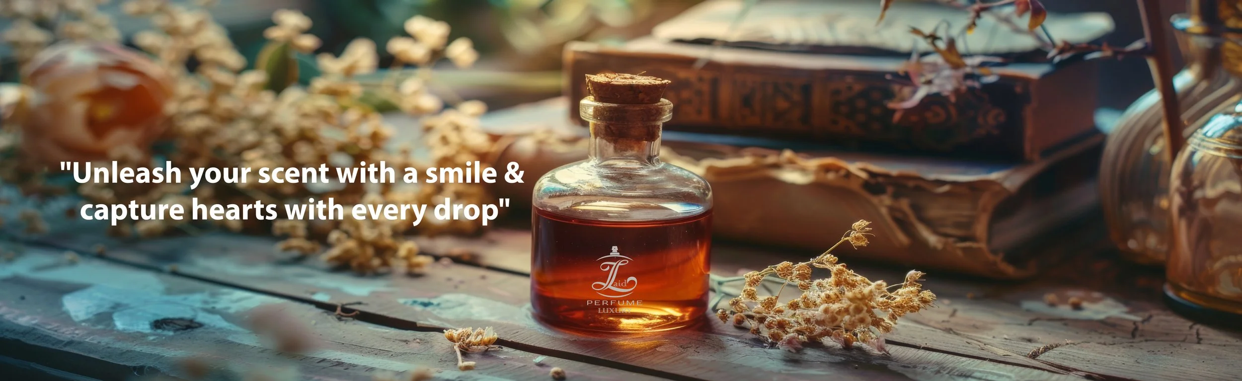 A vintage glass perfume bottle with a cork stopper, surrounded by dried flowers and old books on a rustic wooden surface, with sunlight streaming through.