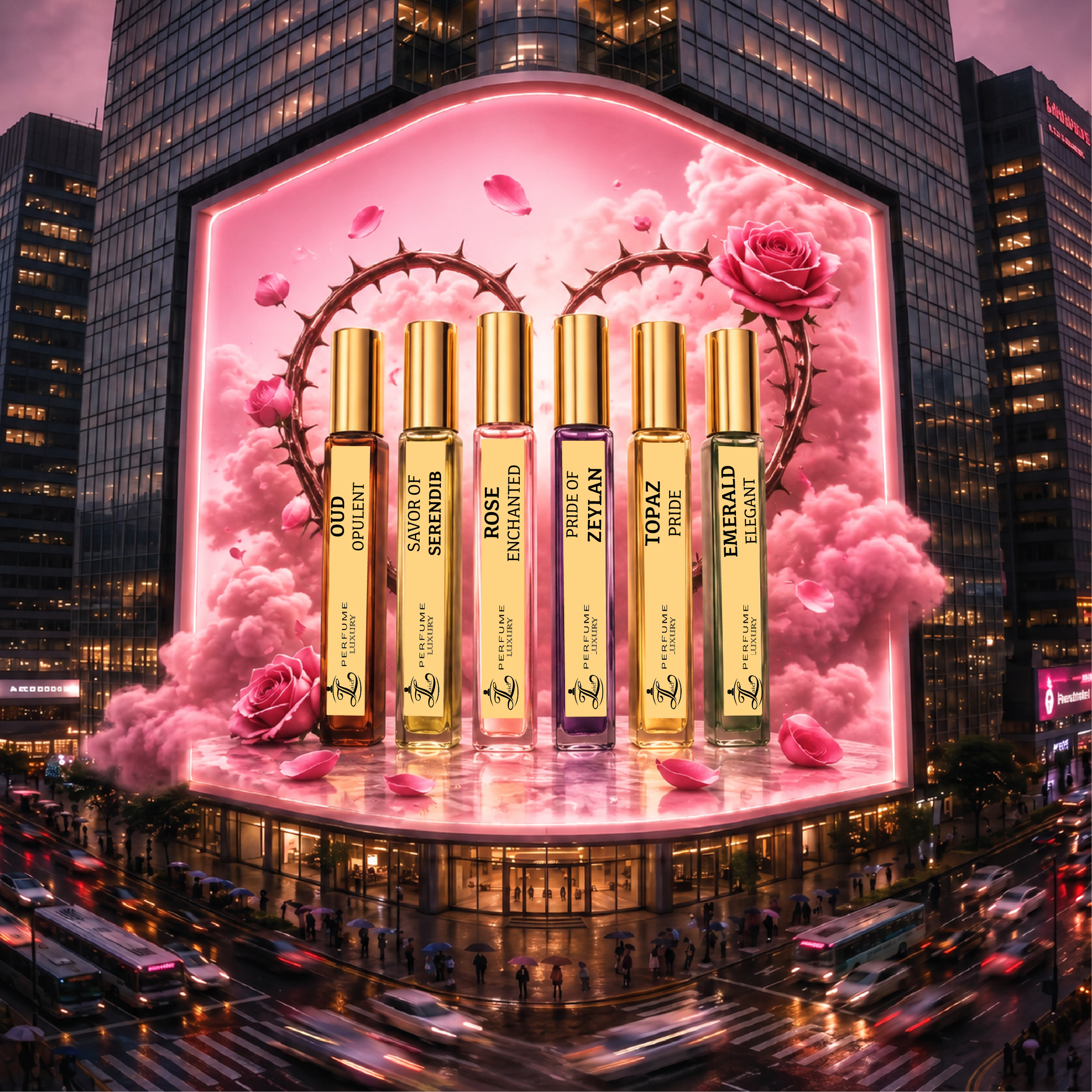 Nighttime city scene with a large illuminated billboard on a modern glass building. The billboard displays perfume bottles against a pink background with roses and clouds. Below, a busy street with cars and people holding umbrellas is visible.