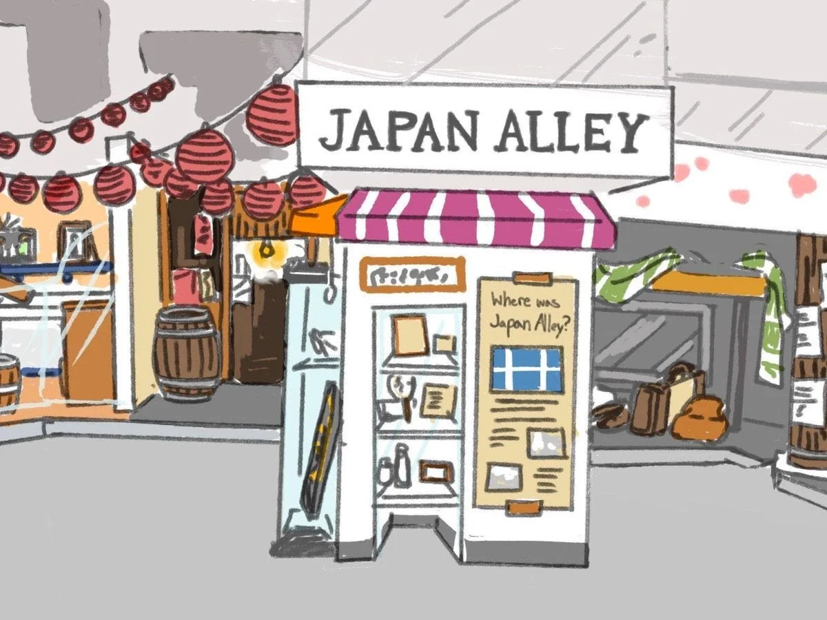 illustration of exhibit. features a prominent sign that reads "japan alley" in the background are paper lanterns