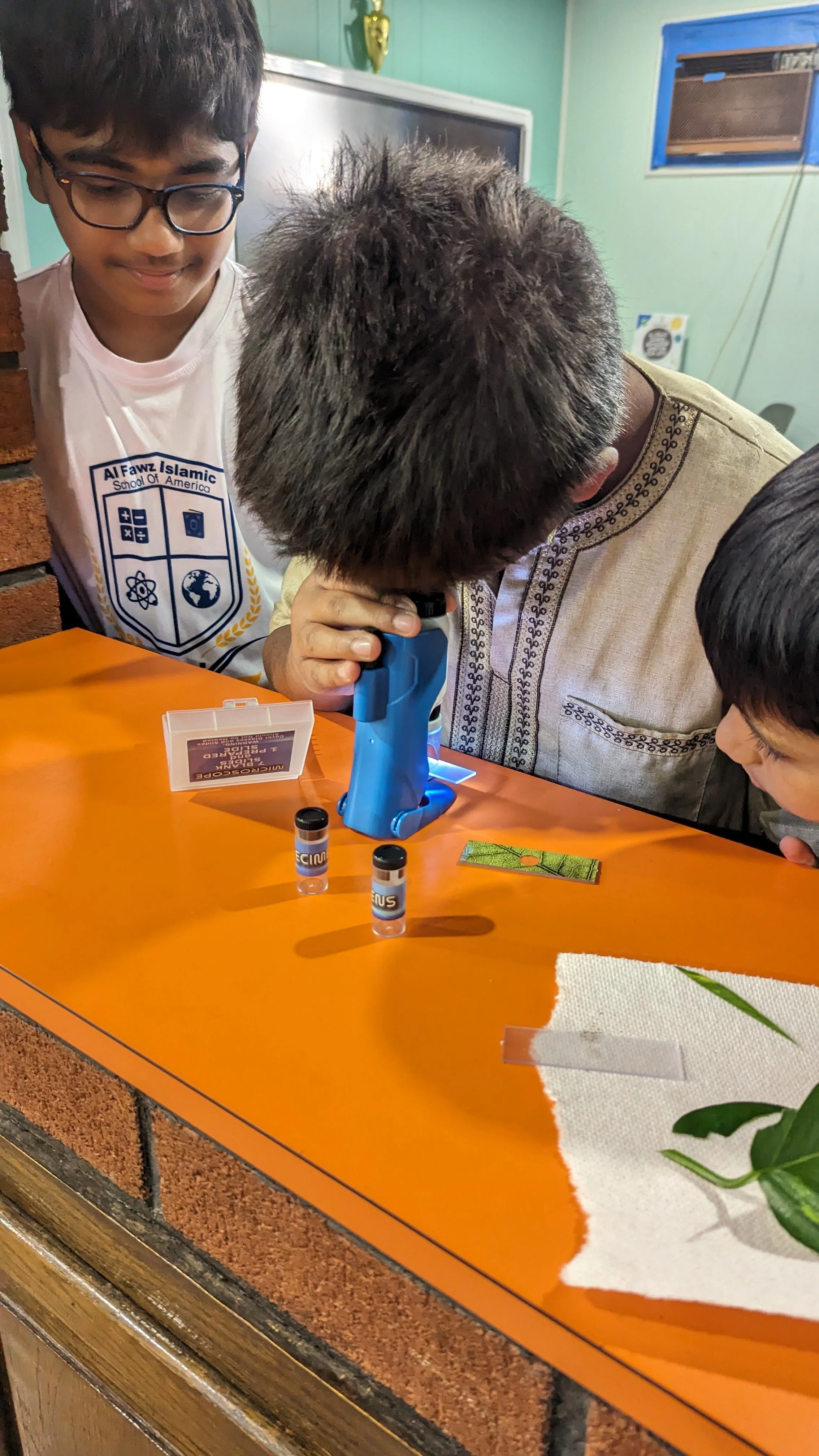 A man and two children are observing a small microscope on an orange table, with a few small vials and a plant leaf nearby, inside a room with green walls.