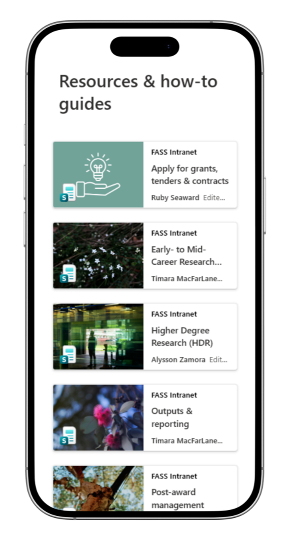 Screenshot of resources & how-to guides page on FASS Intranet
