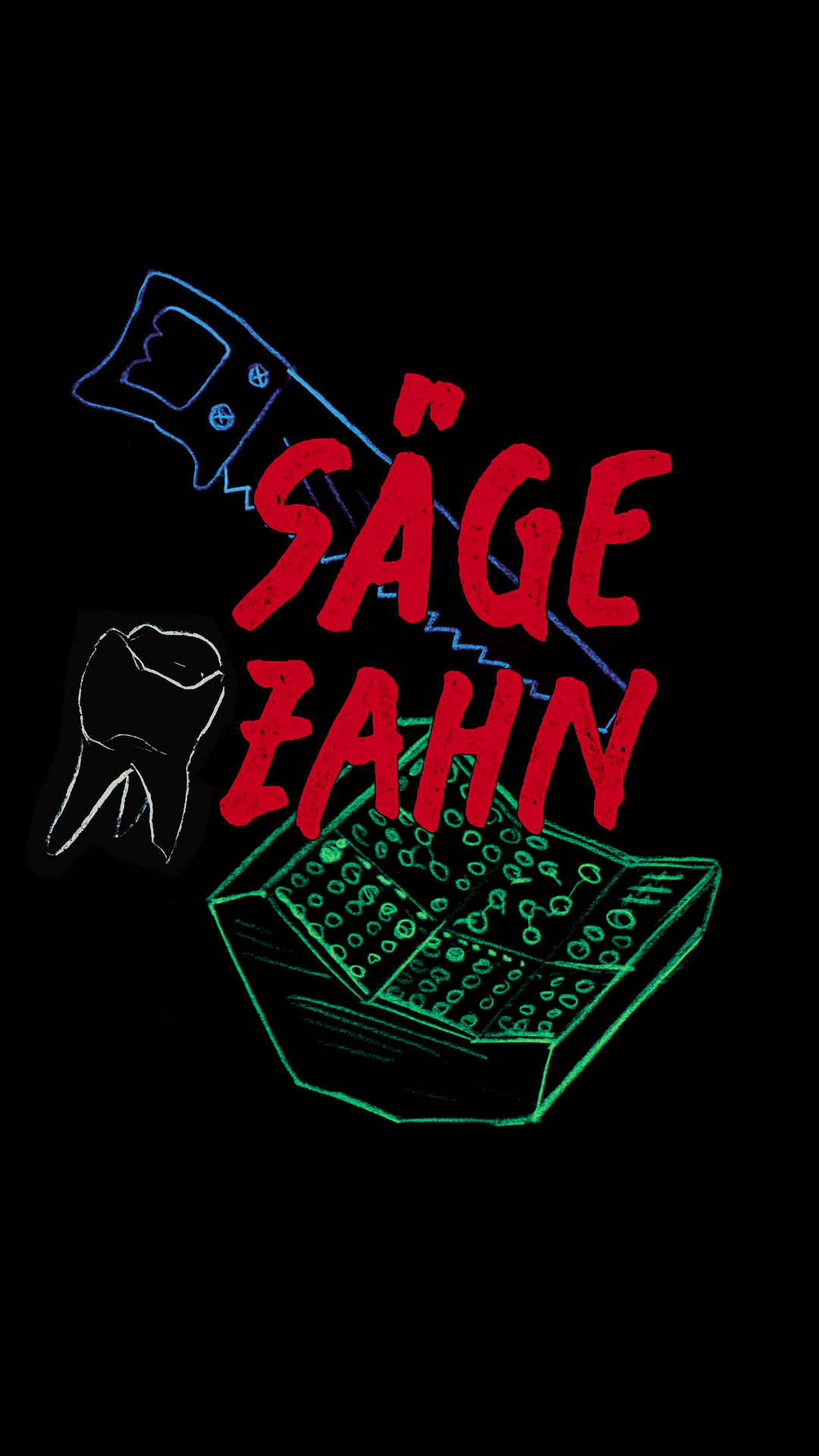 Neonkunst mit zahnärztlichem Thema, inklusive Zahn, Zahnarztgerät und der deutschen Inschrift 'Säge 'n'.
