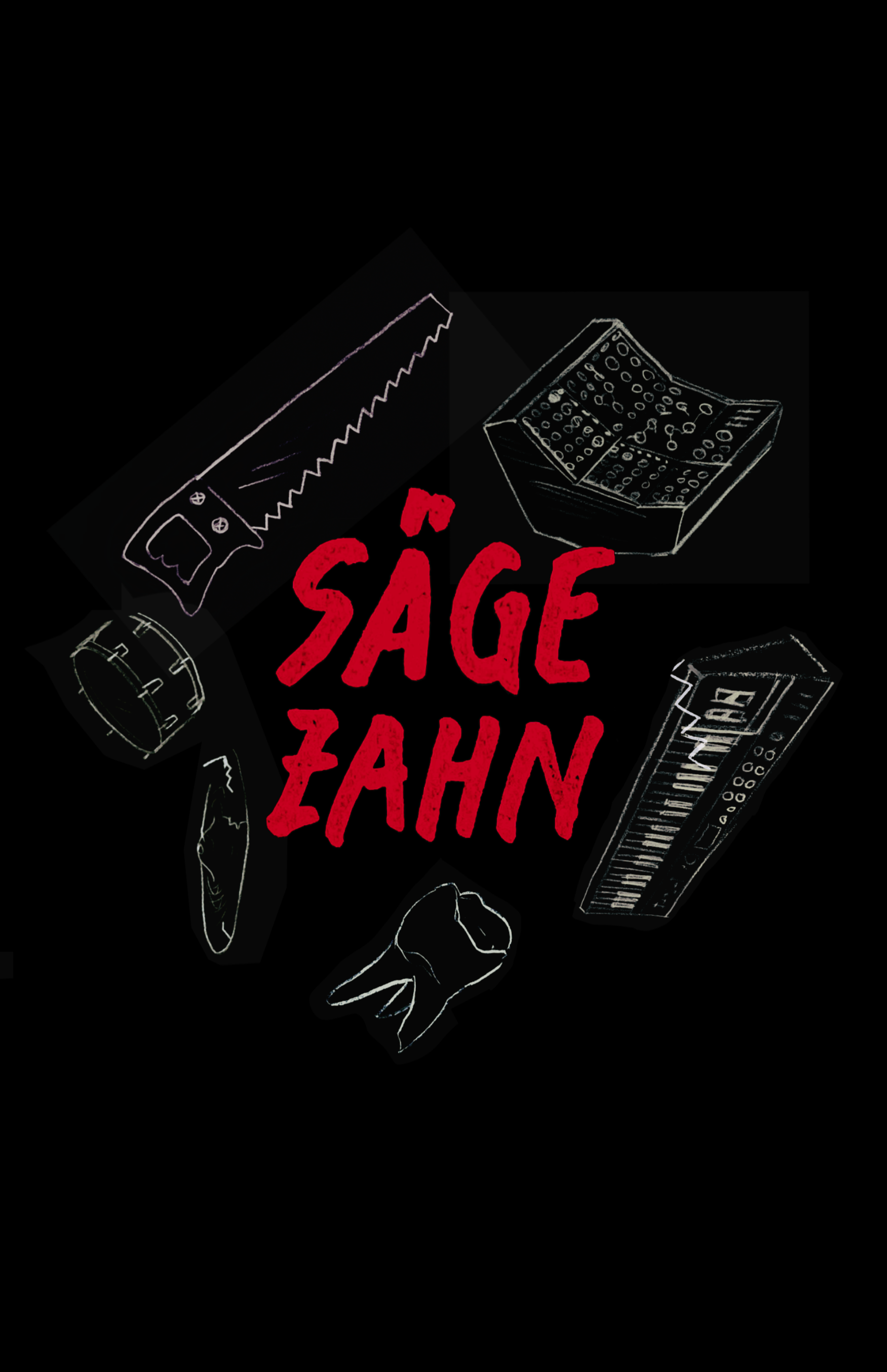 Illustration von Zahnarztinstrumenten und zahnärztlichen Geräten mit rotem Text 'SÄGE ZAHN' in der Mitte.