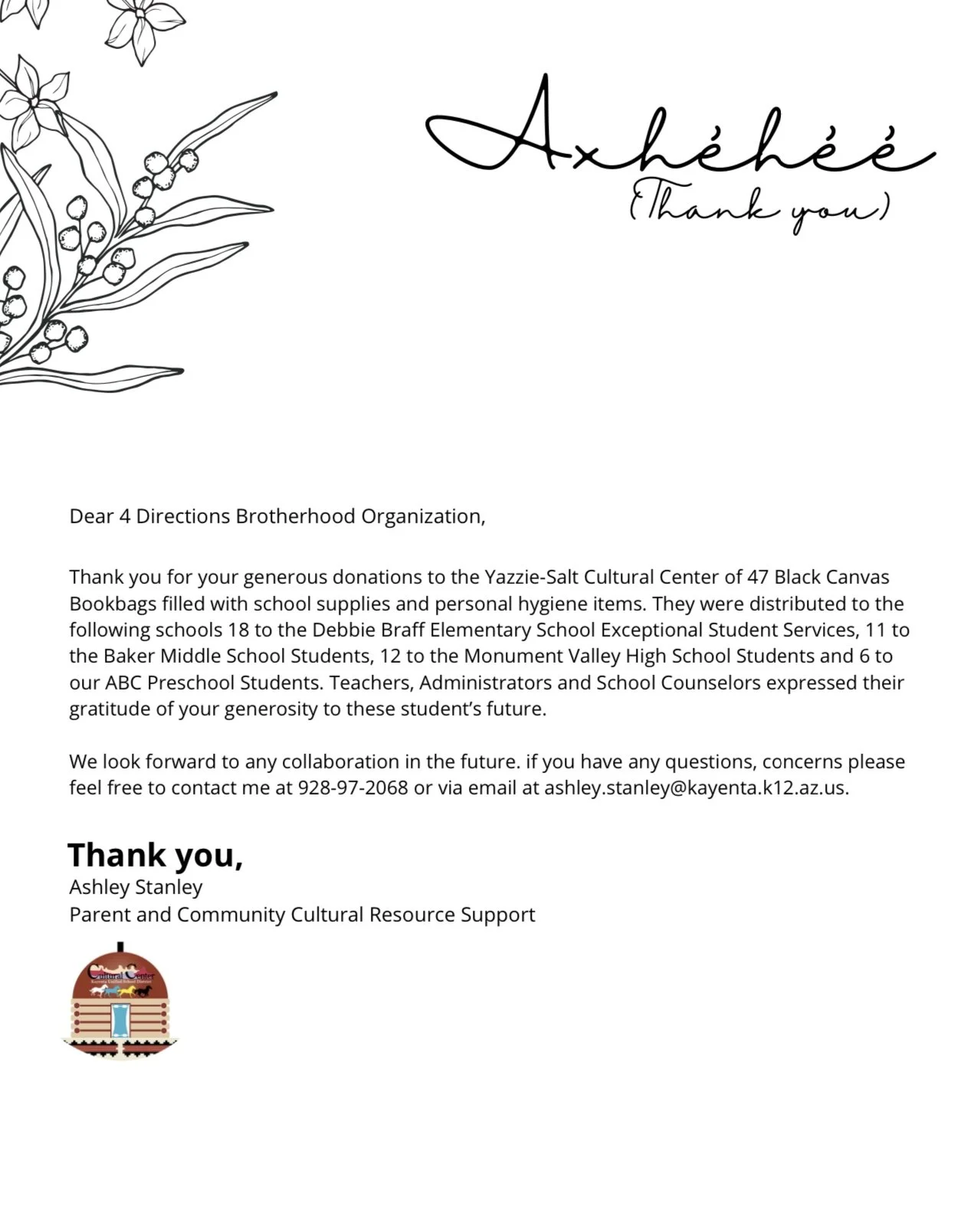 A thank you letter with black and white floral design in the top left corner and in the title, featuring a handwritten style font, that reads 'Ahehêê Thank you.' It includes a message of gratitude for donations to a cultural center supporting various