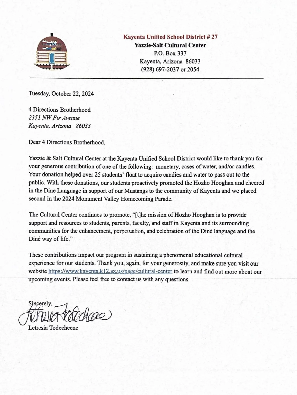 Letter from the Yazzle Salt Cultural Center at Kayenta Unified School District thanking the 4 Directions Brotherhood for donations. Includes details of the donations, purpose, and a website link.