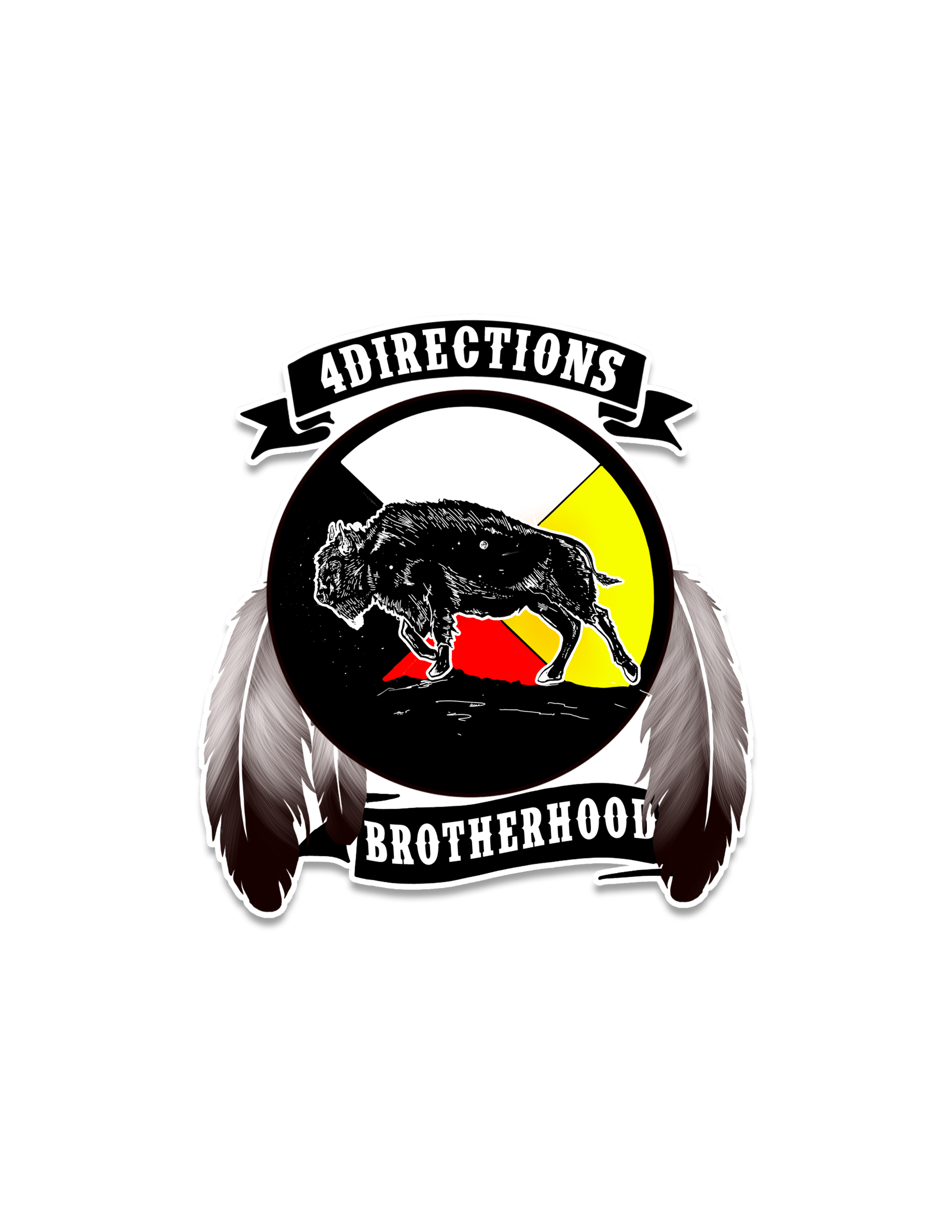 A logo featuring a wolf walking on a red and black ground, with a black, white, and yellow background. The logo is framed by feathers, with a banner above reading '4DIRECTIONS' and a banner below reading 'BROTHERHOOD'.