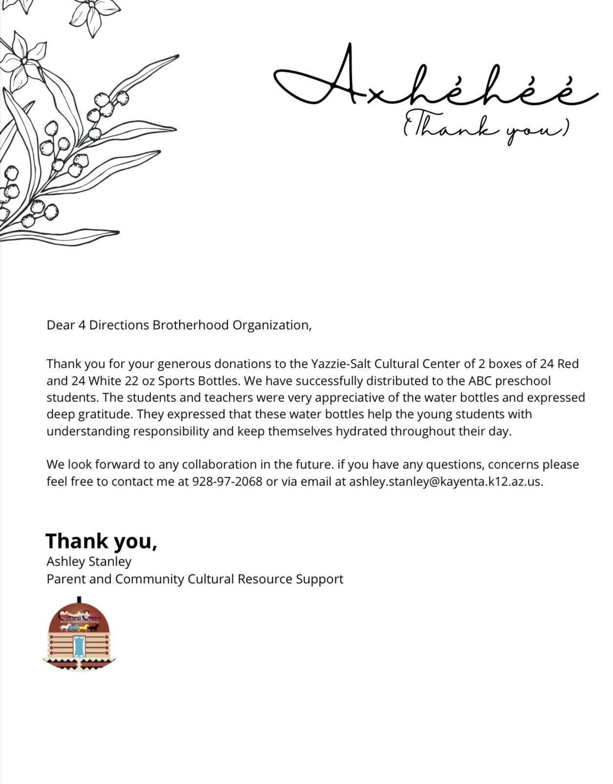 Thank you note from Ashley Stanley to 4 Directions Brotherhood Organization, featuring decorative floral border and a logo at the bottom left.