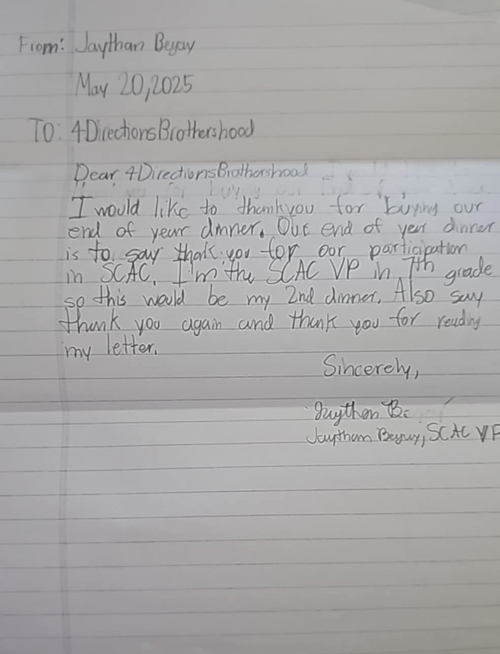 A handwritten thank you letter on lined paper from Jaythan Begay dated May 20, 2025, addressed to 4DirectionsBrothershood, expressing gratitude for a dinner and participation in SCAC, and mentioning receiving and reading a letter.