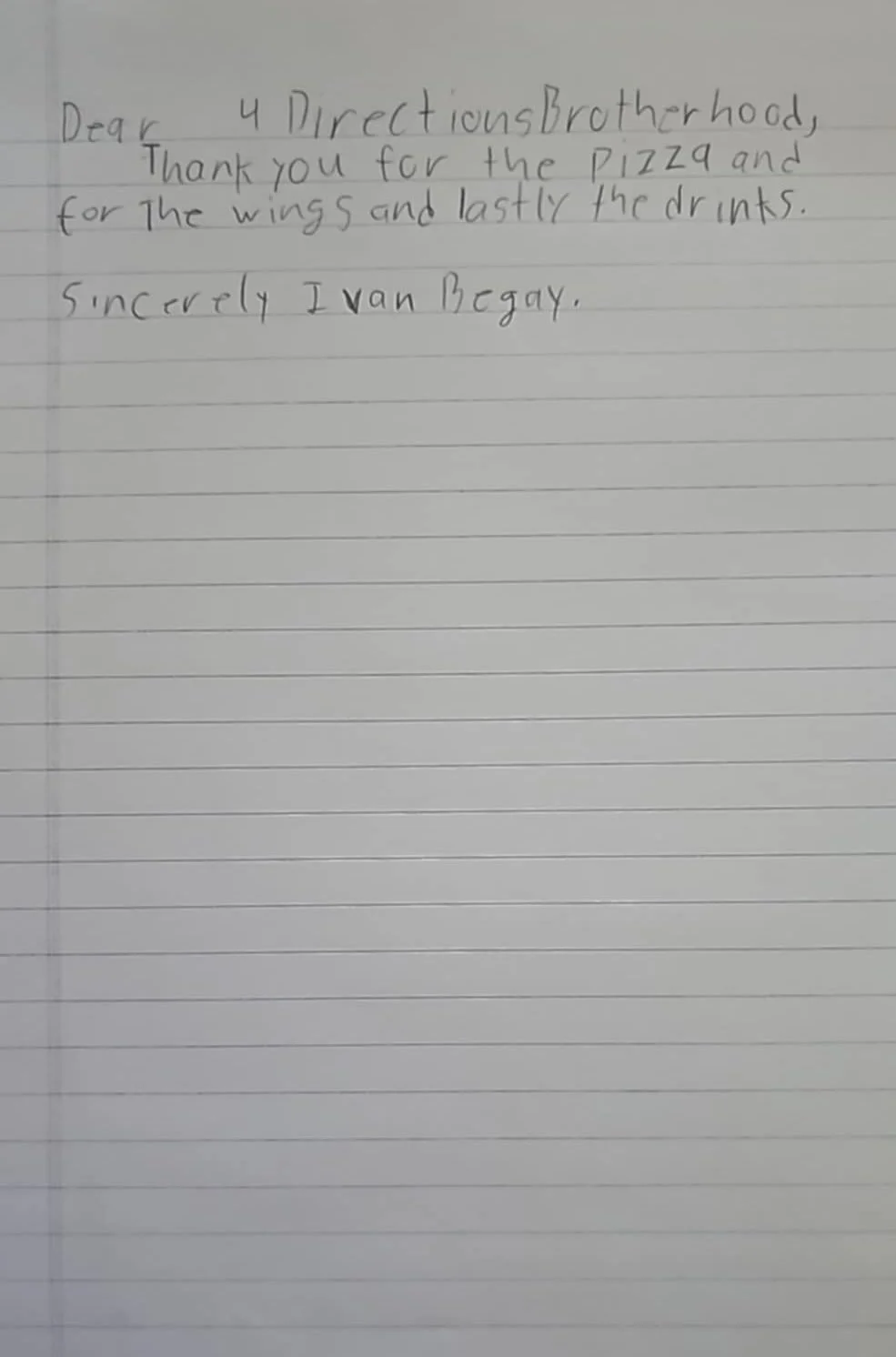 A handwritten note on lined paper reading: "Dear 4 Directions Brotherhood, Thank you for the pizza and for the wings and lastly the drinks. Sincerely, Ivan Begay."