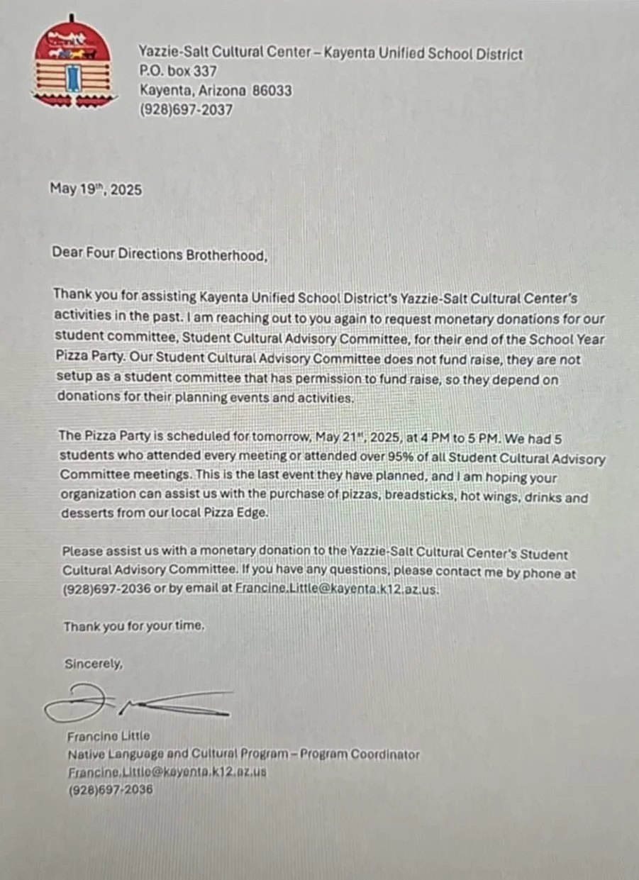 Letter from Yazzie-Salt Cultural Center in Kayenta, Arizona, dated May 19, 2025, requesting donations for a student cultural advisory committee and announcing a pizza party event scheduled for May 21, 2025, with contact information and a signature fr