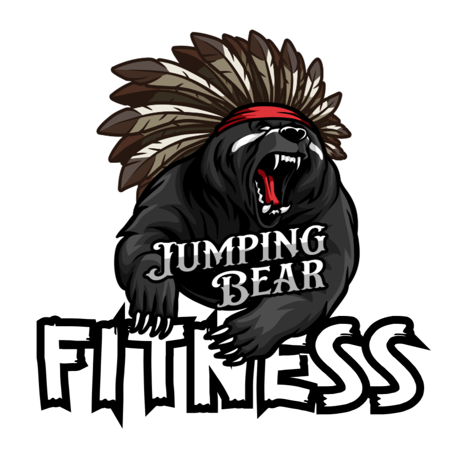 A muscular black bear wearing a Native American headdress with feathers and a red band, roaring with its mouth open. Text overlays include "Jumping Bear" and "Fitness".