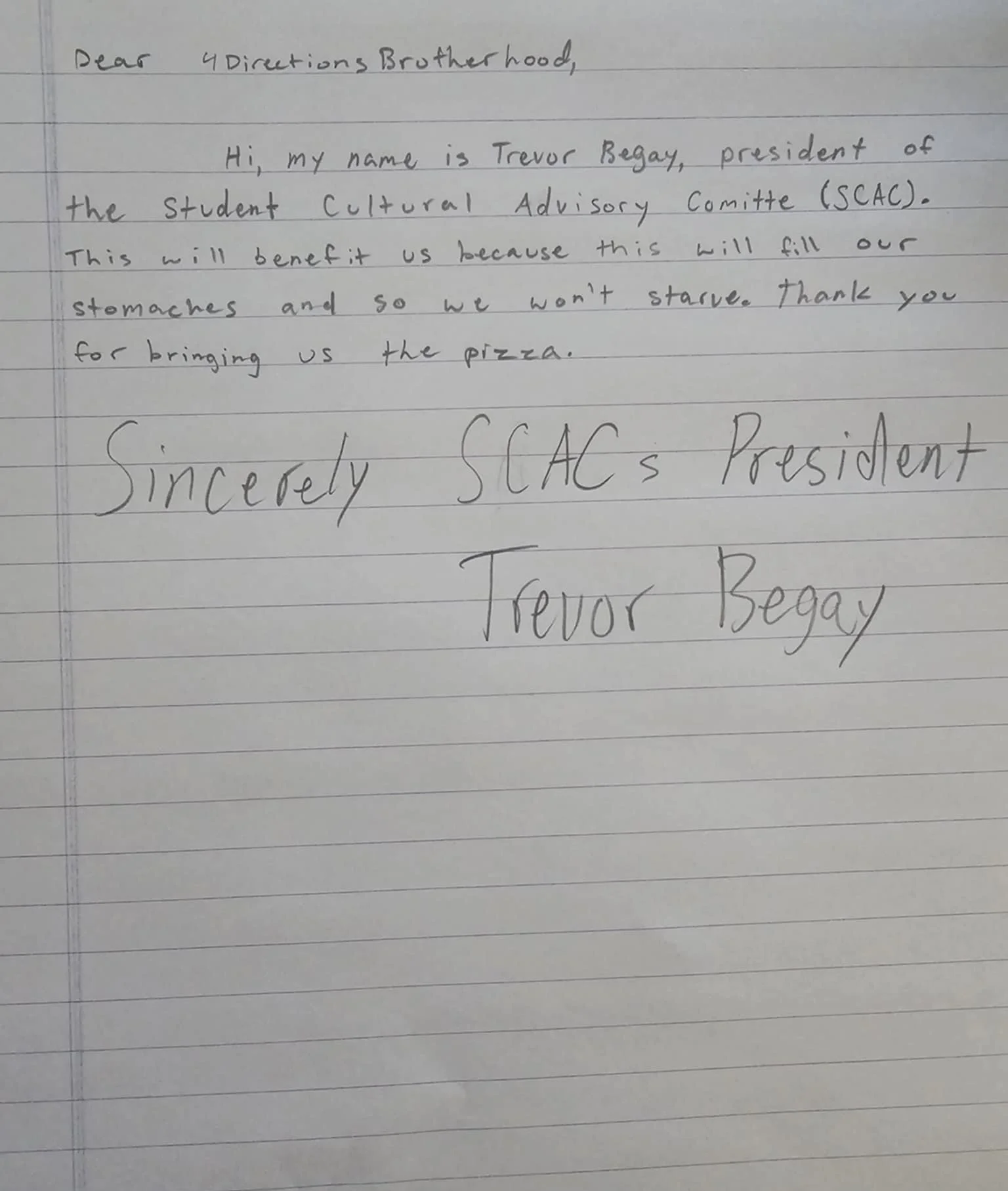 A handwritten letter on lined paper addressed to the 4 Directions Brotherhood. It is signed by Trevor Begay, president of the Student Cultural Advisory Committee, explaining that the letter benefits the organization by providing pizza to fill stomach