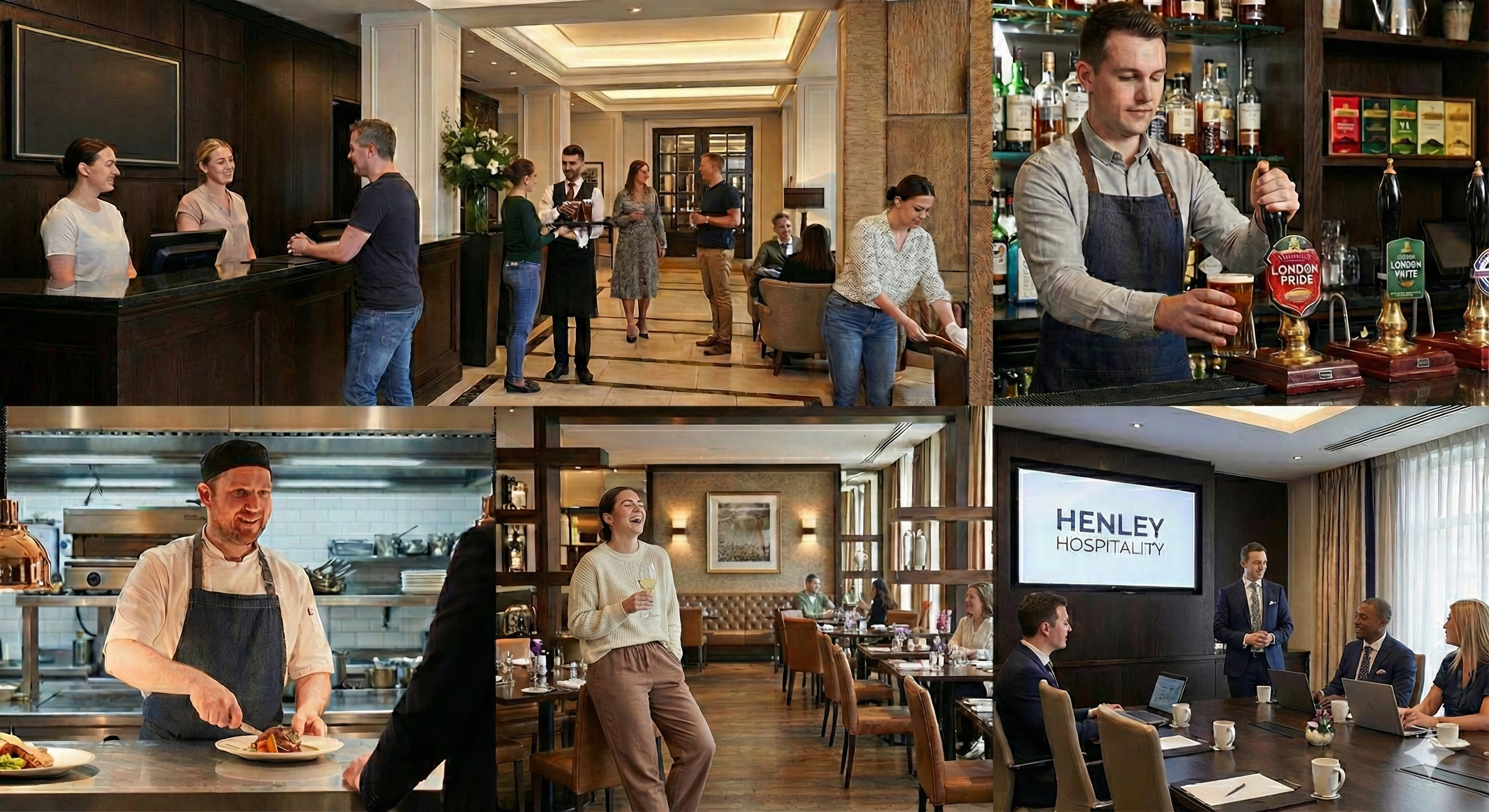 Collage of hotel scenes: Reception area with staff and guests, bartender pouring beer, chef preparing dishes, woman enjoying drink, business meeting in conference room.