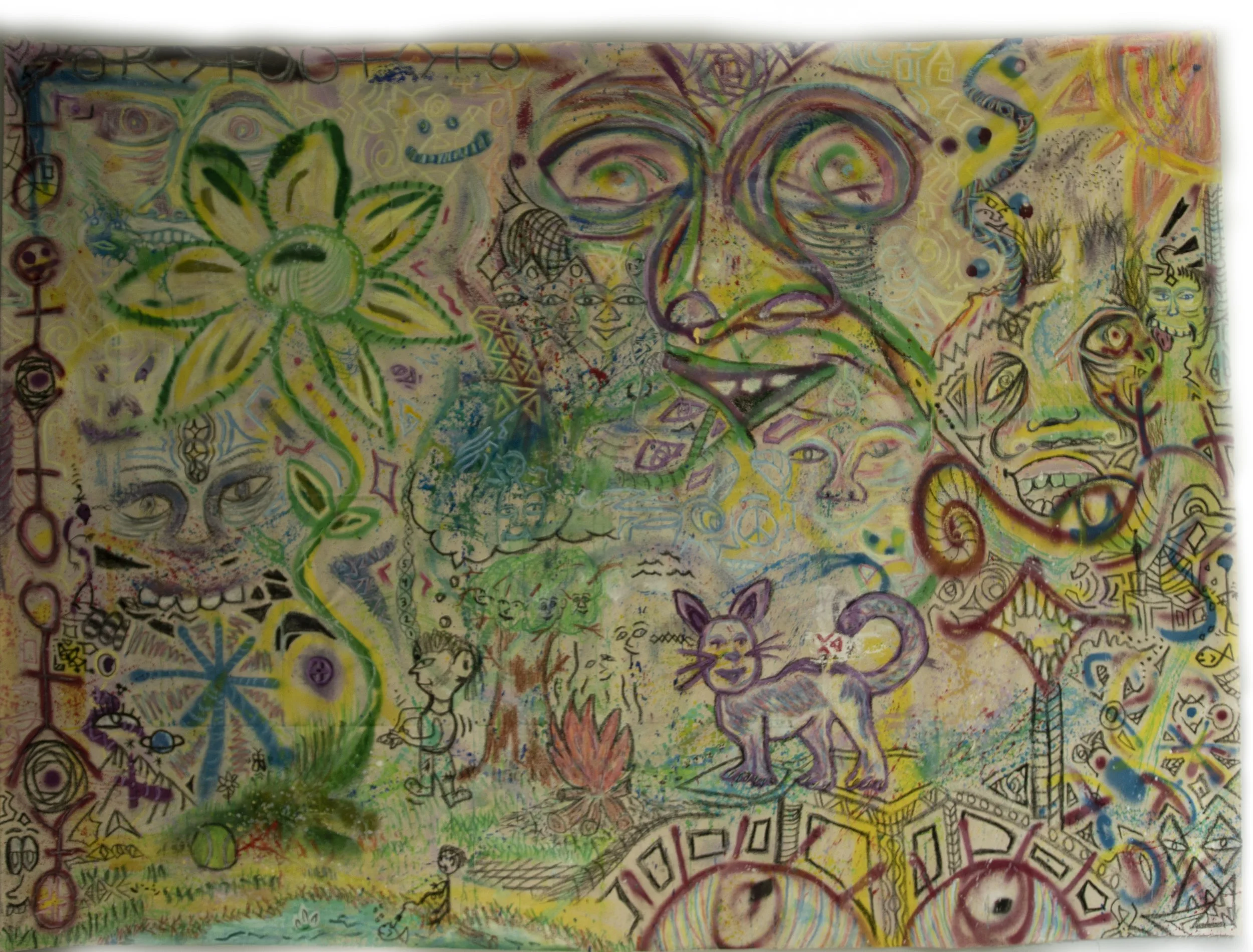 "June Mindscape"
Acrylic, oil pastel, spray paint
Dimensions: 7' x 5'3"
June 2024