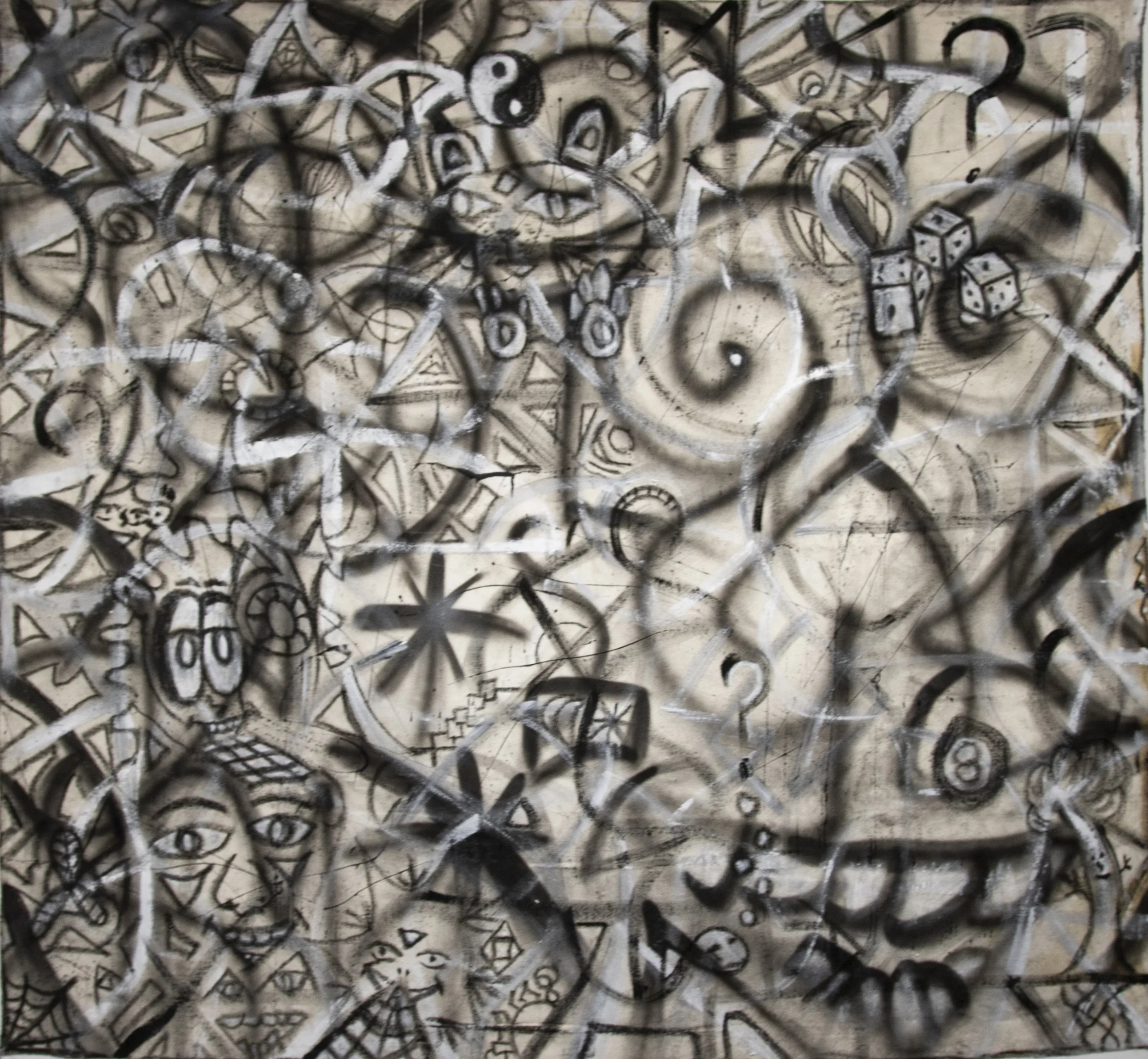 "Black and White Thinking"
Mixed media on fabric
(Acrylic paint, spray paint, oil pastel)
Dimensions: 4' 10" x 4' 7"