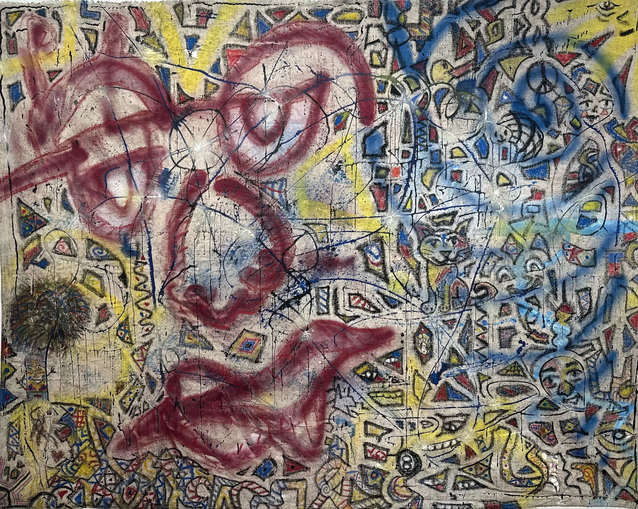 "Primary Color Therapy"
Mixed media on found fabric
(Acrylic paint, spray paint, oil pastel)
Dimensions: 5' 7" x 4' 2"
Body(Red), Mind(Blue), Spirit(Yellow)