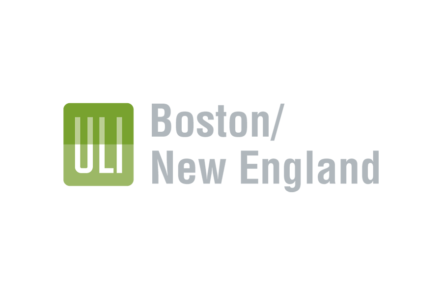 Logo of ULI Boston / New England with green square icon and gray text on black background.