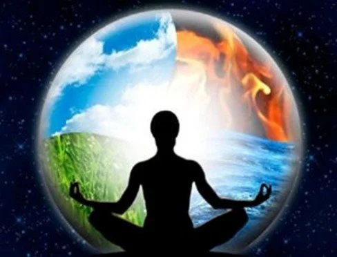Silhouette of a person meditating in front of a split background depicting earth's four elements: water, air, fire, and earth.