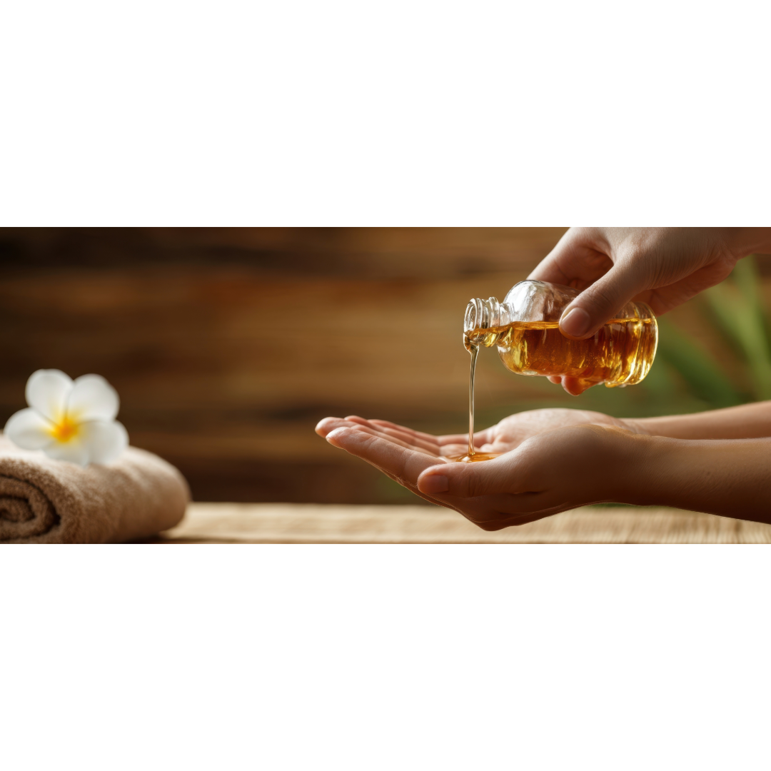 Spa scene with hands pouring essential oil from a glass bottle onto palm, a rolled towel, and a white flower, suggesting relaxation and massage therapy.