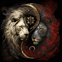 A digital artwork of a lion and a wolf facing each other in a yin-yang composition, with dark and red tones surrounding them.