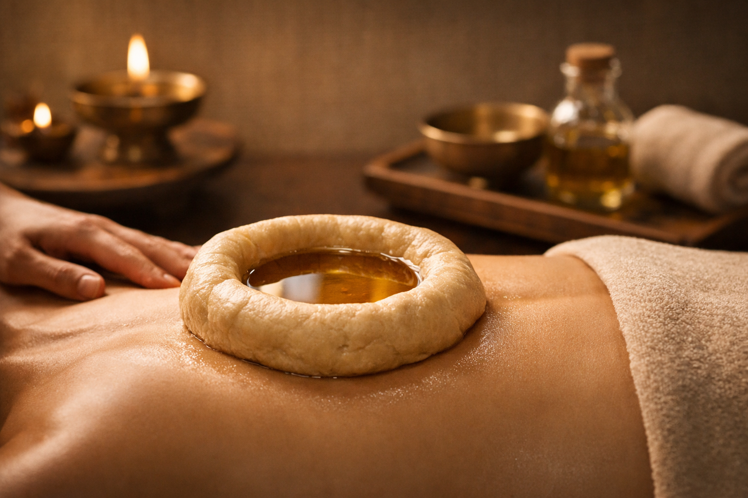 A person receiving a hot stone massage with a ring of warm oil placed on their back, surrounded by spa candles, towels, and massage oils.