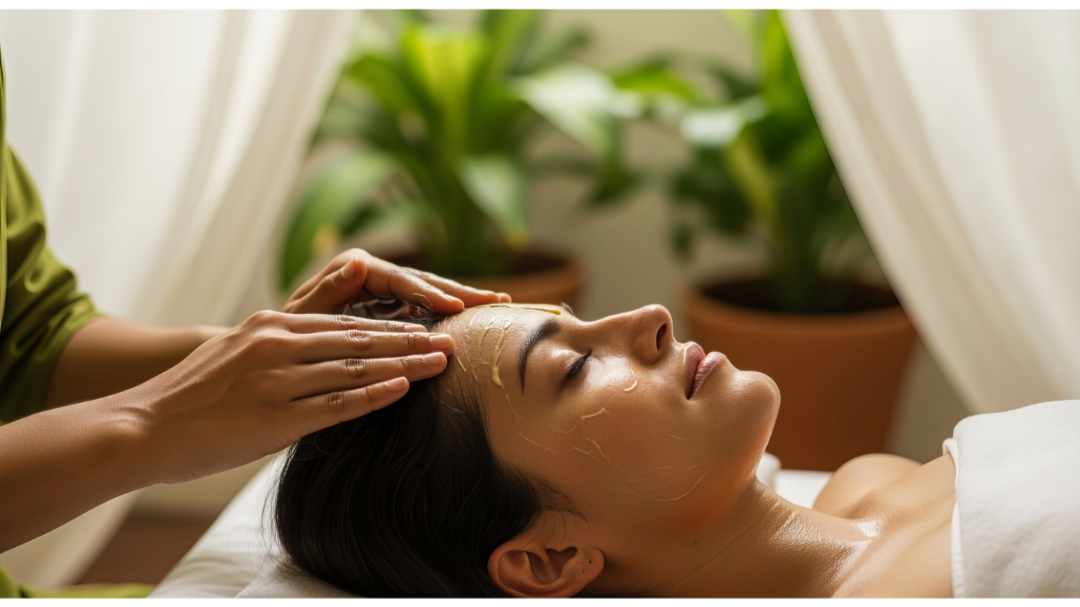 Woman receiving a facial massage while lying down at a spa or skincare clinic.
