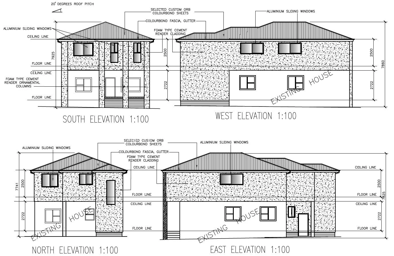 Architectural drawing of a building with four elevations: south, west, north, and east. The drawings include details like aluminum sliding windows, cement render cladding, and a tiled roof. The north elevation features a chimney, and the south elevation shows decorative columns and a staircase. The east and west elevations display window placements and wall details.