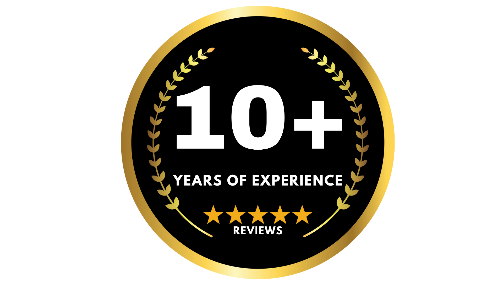 Gold and black badge indicating over 10 years of experience and reviews.